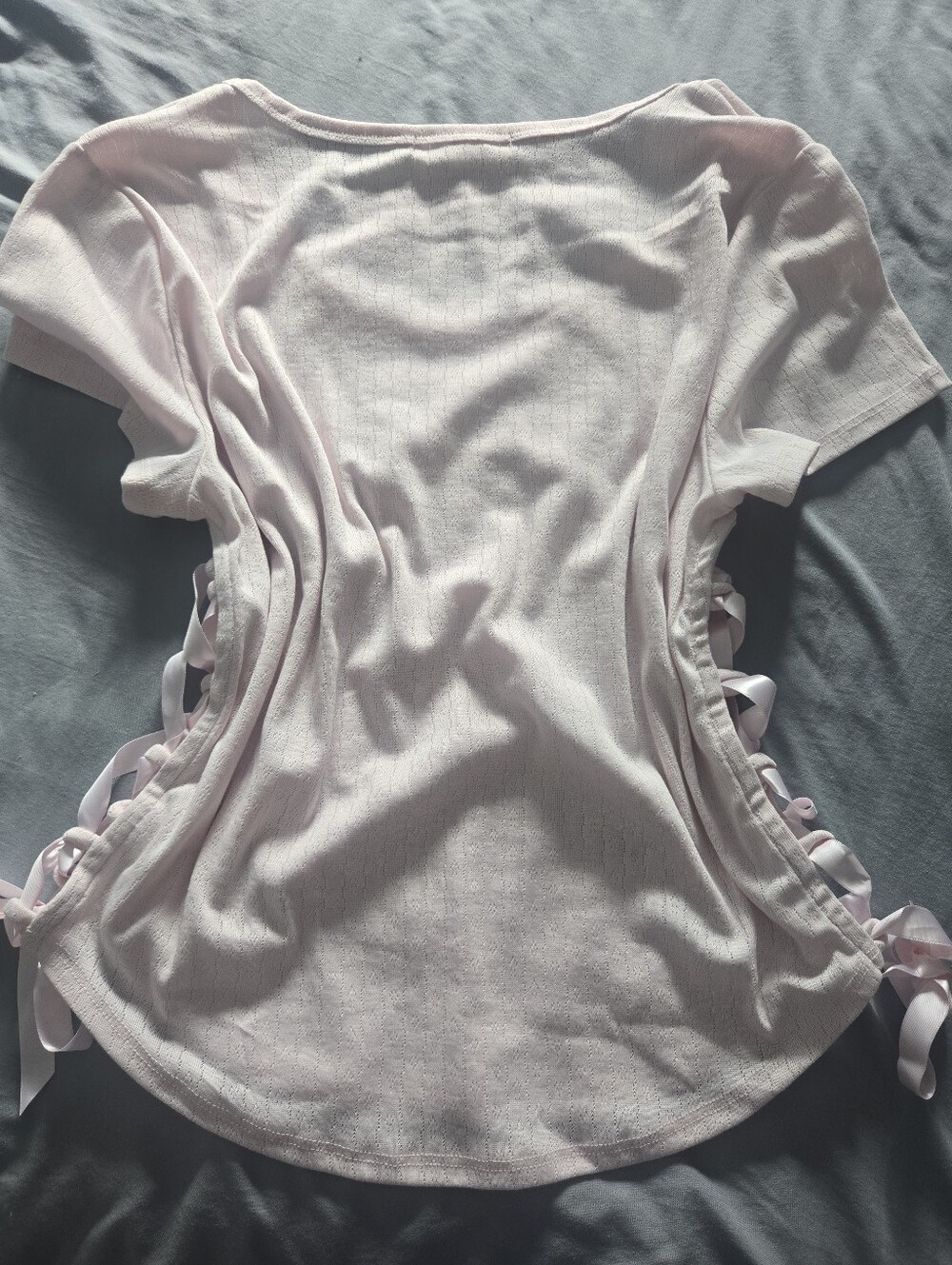 Light Pink Top With Lace Up Satin Ribbons On The Sides